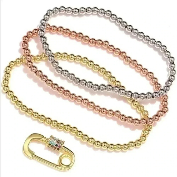 Pretty 3 Tone Beaded Stretch Bracelets Safety Pin Charm NWT - Picture 4 of 5